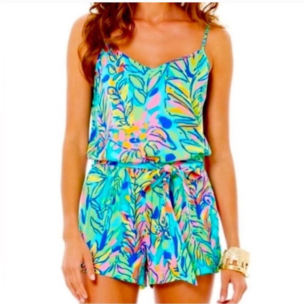 Lilly Pulitzer Deana Neon Bright Colorful Floral Clinched Waist Romper